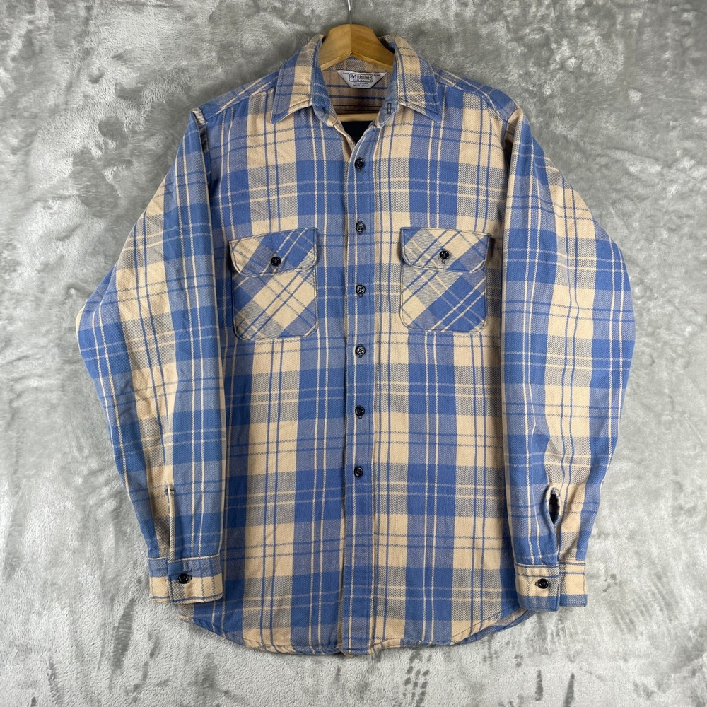 Vintage 60s 70s Five Brother Flannel Shirt Men M Blue Plaid Triangle Made in USA